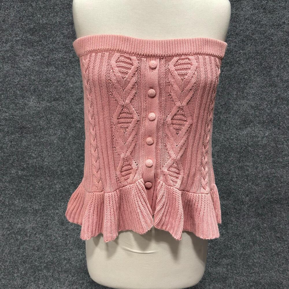 LoveShackFancy Tank Top Womens M Pink Cable Knit Off Shoulder Strapless Ruffle
